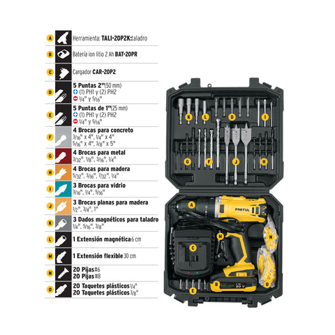 Kit taladro 1/2', 20V, 1 batería 2Ah, 32 accesorios, PRETUL | TALI-20P2K | 29001