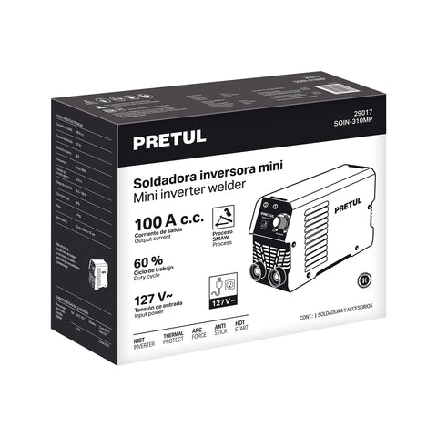 Mini soldadora inversora 100A, 127V, Serie 300, PRETUL | SOIN-310MP | 29017