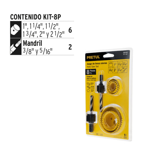 Juego de 7 brocasierras acero al carbono y 1 mandril, Pretul | KIT-8P | 29100