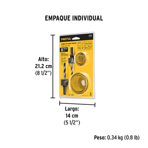 Juego de 7 brocasierras acero al carbono y 1 mandril, Pretul | KIT-8P | 29100