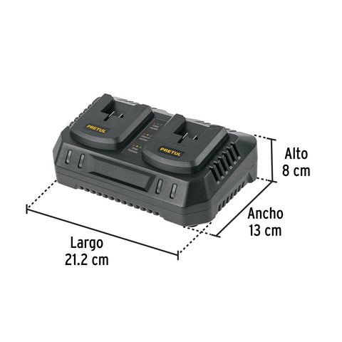 Cargador dual de baterías de ion litio 20V, PRETUL | CARD-20P | 29919
