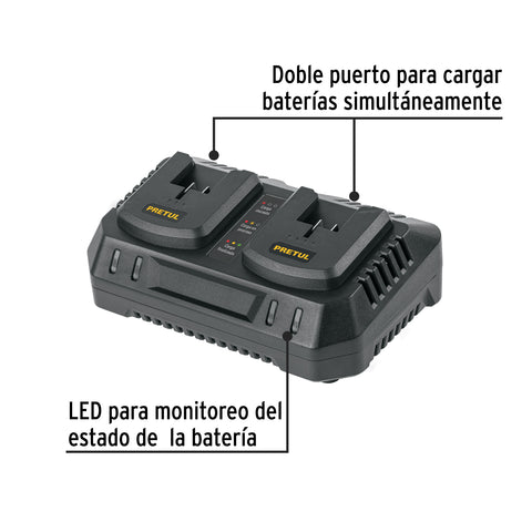 Cargador dual de baterías de ion litio 20V, PRETUL | CARD-20P | 29919