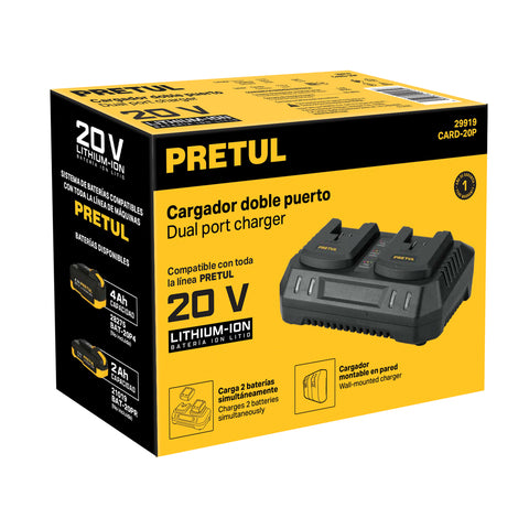 Cargador dual de baterías de ion litio 20V, PRETUL | CARD-20P | 29919