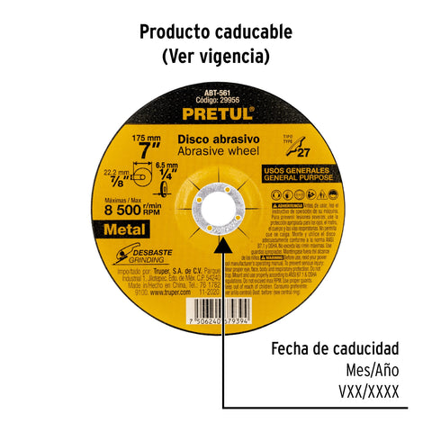 Disco Tipo 27 de 7' x 6.2 mm desbaste de metal, Pretul | ABT-561 | 29956