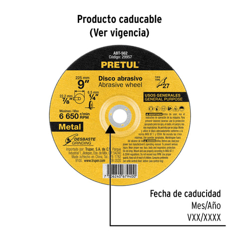 Disco Tipo 27 de 9' x 6.2 mm desbaste de metal, Pretul | ABT-562 | 29957