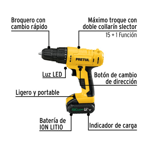 Taladro 3/8', 12V, 1 batería 2Ah, PRETUL | TALI-12P | 29975