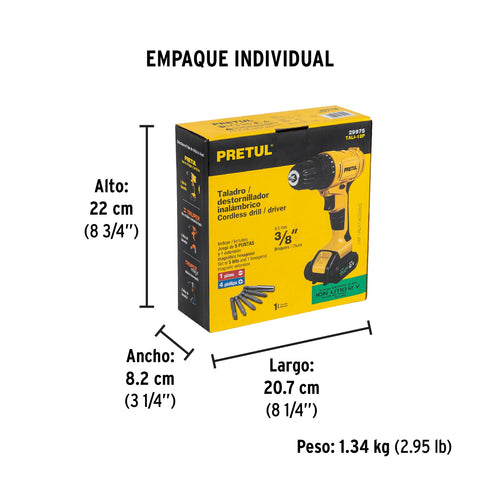 Taladro 3/8', 12V, 1 batería 2Ah, PRETUL | TALI-12P | 29975