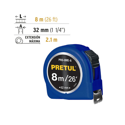 Flexómetro azul 8 m cinta 25 mm, en tarjeta, PRETUL | PRO-8ME-A | 29998