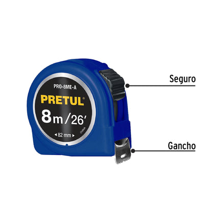 Flexómetro azul 8 m cinta 25 mm, en tarjeta, PRETUL | PRO-8ME-A | 29998
