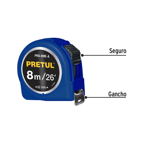 Flexómetro azul 8 m cinta 25 mm, en tarjeta, PRETUL | PRO-8ME-A | 29998
