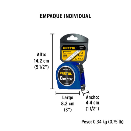 Flexómetro azul 8 m cinta 25 mm, en tarjeta, PRETUL | PRO-8ME-A | 29998
