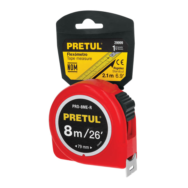 Flexómetro rojo 8 m cinta 25 mm, en tarjeta, PRETUL | PRO-8ME-R | 29999