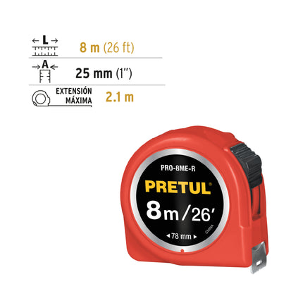 Flexómetro rojo 8 m cinta 25 mm, en tarjeta, PRETUL | PRO-8ME-R | 29999