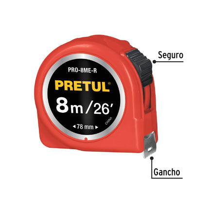 Flexómetro rojo 8 m cinta 25 mm, en tarjeta, PRETUL | PRO-8ME-R | 29999