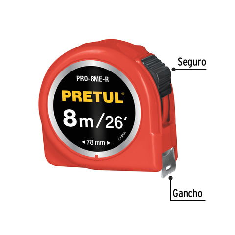 Flexómetro rojo 8 m cinta 25 mm, en tarjeta, PRETUL | PRO-8ME-R | 29999