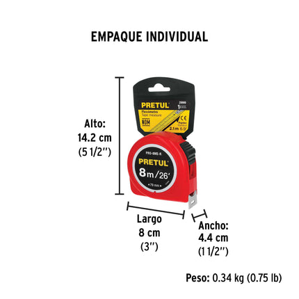 Flexómetro rojo 8 m cinta 25 mm, en tarjeta, PRETUL | PRO-8ME-R | 29999