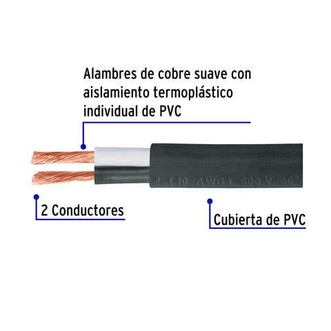 Metro de cable uso extra rudo 2 x 10 AWG en rollo de 100 m | CAUR-210 | 40002