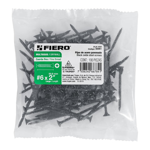 Bolsa con 100 pijas #6 x 2' multiusos cuerda fina, FIERO | PIJC-650 | 40061