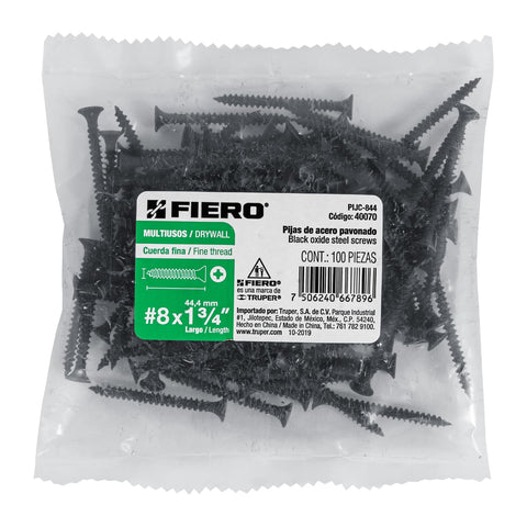 Bolsa con 100 pijas #8 x 1-3/4' multiusos cuerda fina, FIERO | PIJC-844 | 40070