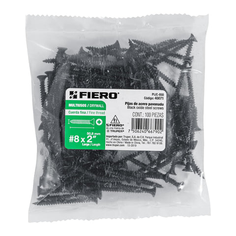 Bolsa con 100 pijas #8 x 2' multiusos cuerda fina, FIERO | PIJC-850 | 40071