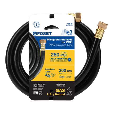 Manguera para gas, PVC negra, 3/8' flare, 2 m, FOSET | MGAN-20 | 40076