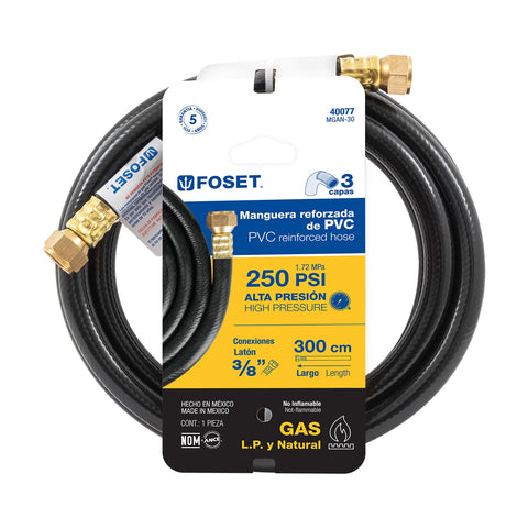 Manguera para gas, PVC negra, 3/8' flare, 3 m, FOSET | MGAN-30 | 40077