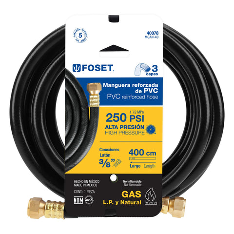 Manguera para gas, PVC negra, 3/8' flare, 4 m, FOSET | MGAN-40 | 40078