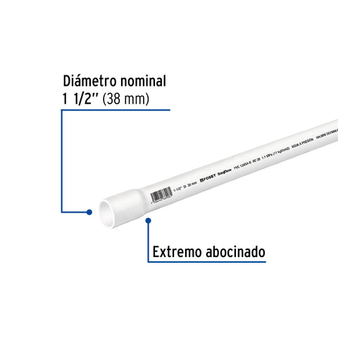 Tubo de 1-1/2' PVC hidráulico RD 26, 3m, 1.2kg, FOSET | PVC-105 | 40085
