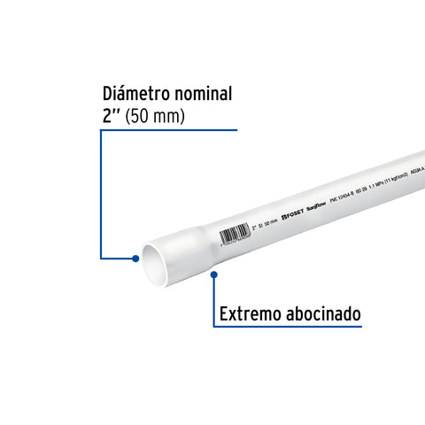 Tubo de 2' PVC hidráulico RD 26, 3m, 1.8kg, FOSET | PVC-106 | 40086