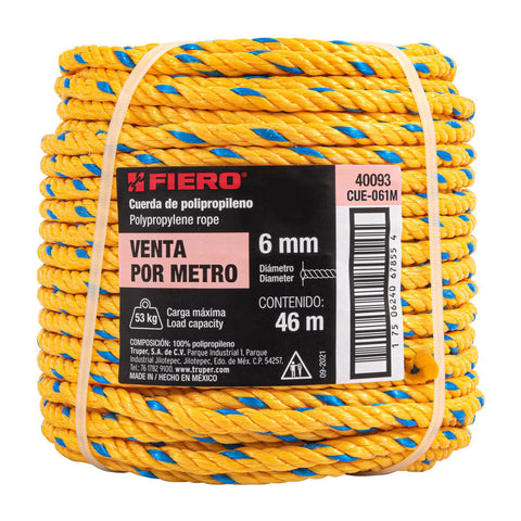 Metro de cuerda amarilla de polipropileno 6 mm, rollo 46m | CUE-061M | 40093