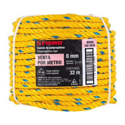 Metro de cuerda amarilla de polipropileno 8 mm, rollo 32m (CUE-081M)