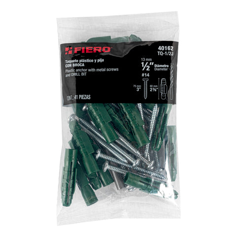 Kit de 20 taquetes 1/2' con pijas #14 y 1 broca 1/2', FIERO | TQ-1/2J | 40162