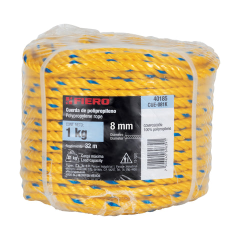 Kilo de cuerda amarilla de polipropileno 8 mm, rollo 1kg | CUE-081K | 40185