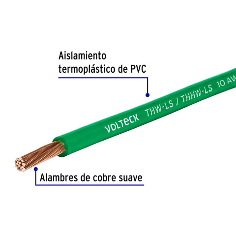 Carrete con 10 m de cable THHW-LS 10 AWG verde, Volteck | CAB-10V-10 | 40251
