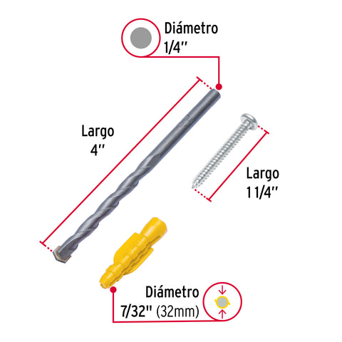 Kit de 20 taquetes 7/32' con pijas #8 y 1 broca 1/4', FIERO | TQ-7/32J | 40759
