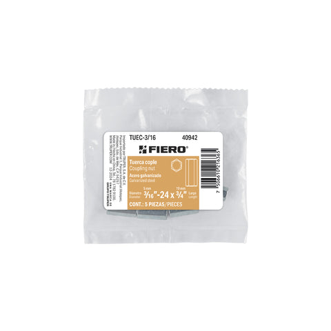 Bolsa con 5 tuercas cople, 3/16' acero galvanizado , FIERO | TUEC-3/16 | 40942