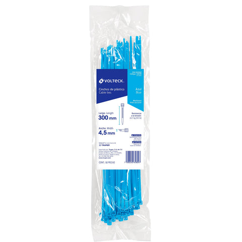 Bolsa con 50 cinchos plásticos 50 lb, 300 x 4.5 mm, azules | CIN-5030Z | 41019
