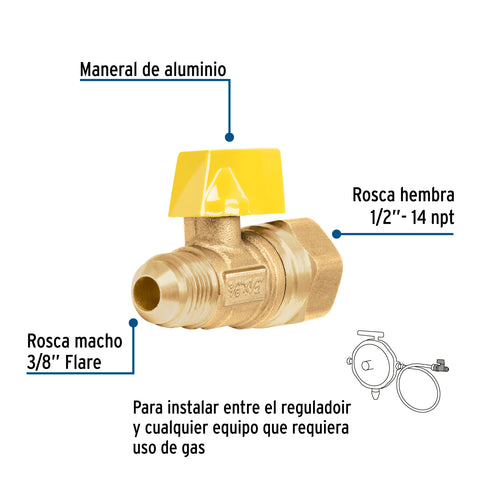 Válvula de control de latón para gas, 5/16' x 1/2', FOSET | VG-554-N | 41060