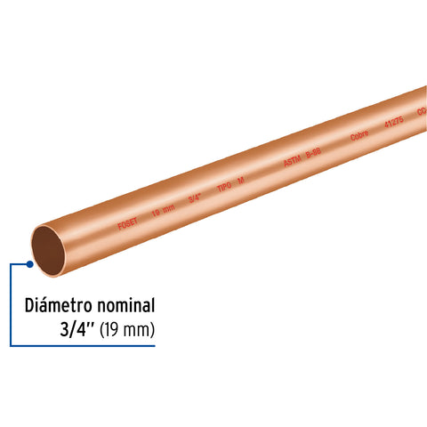 Tubo rígido de cobre 3/4' tipo 'M', 3m, 1.4kg, FOSET | CC-002M | 41275