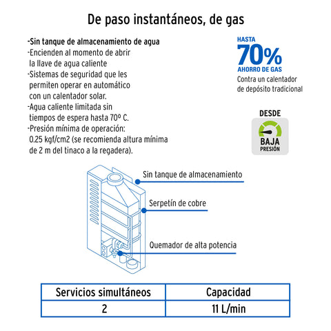 Calentador instantáneo, 11L, 2 servicios, gas LP, FOSET | CALE-11I | 43050