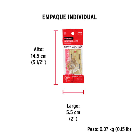 Bolsa con 2 bisagras rectangulares 2-1/2', acero latonado | BR-251B | 43208