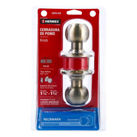 Cerradura tipo esfera para recámara, latón antiguo, HERMEX | CEPO-21R | 43470