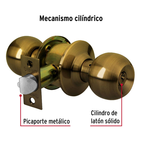 Cerradura tipo esfera para recámara, latón antiguo, HERMEX | CEPO-21R | 43470