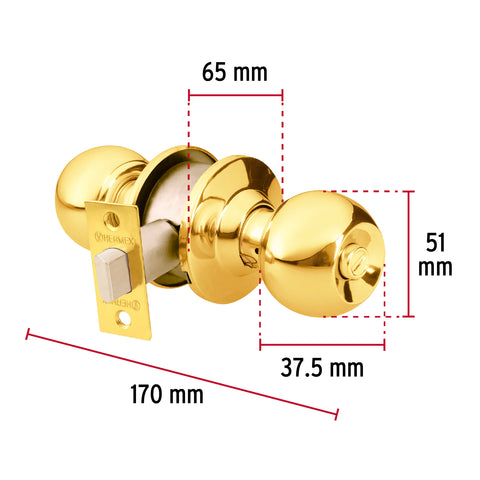 Cerradura tipo esfera para baño, latón brillante, HERMEX | CEPO-11B | 43471