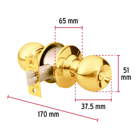 Cerradura tipo esfera para recámara, latón brillante, HERMEX | CEPO-11R | 43473