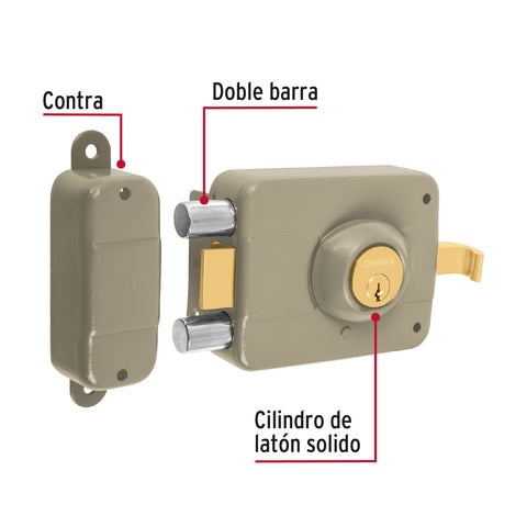 Cerradura sobreponer izq 2 barras clásica, llave tradicional | CS-90I | 43483