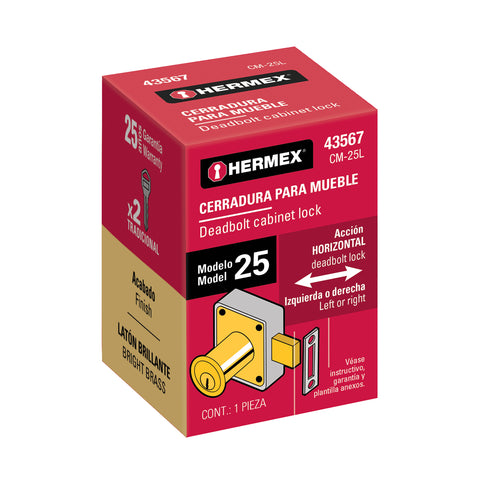 Cerradura para mueble, modelo 25, latón, HERMEX | CM-25L | 43567