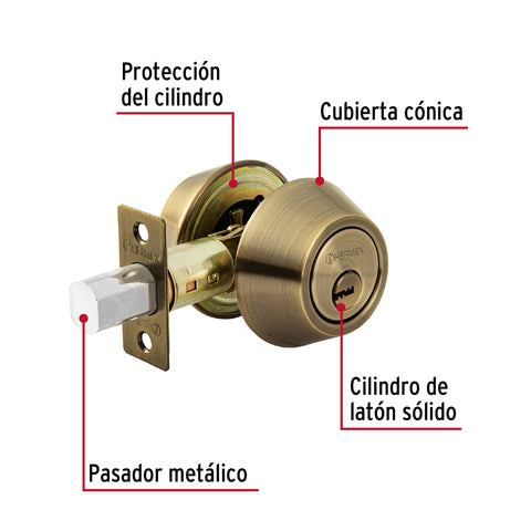 Cerrojo llave-llave latón antiguo, llave de puntos, HERMEX | CERO-22 | 43597