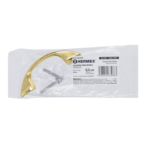 Jaladera de 64mm, línea Elipse, latón brillante, HERMEX | JAL-1221 | 43622