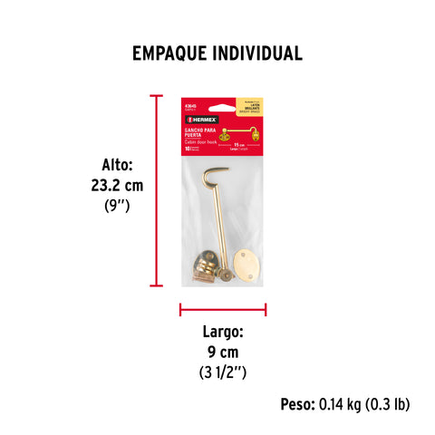 Gancho latonado para puerta, HERMEX | GAPU-1 | 43645